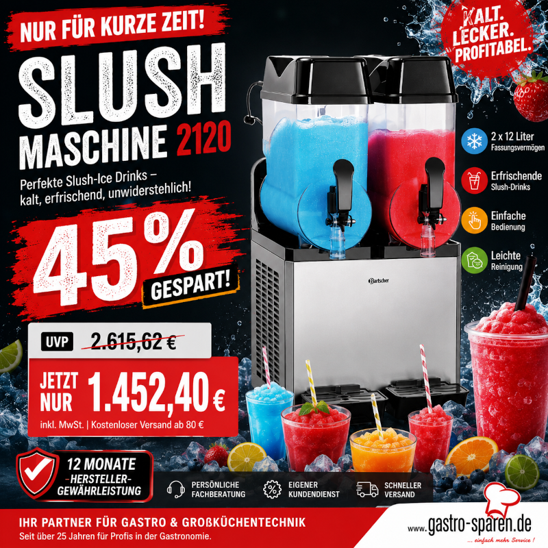 Slush-Maschine, 2x12 Liter, Becher-Spülung, Fruchtgetränke, Gastronomie-Gerät, Slushmaschine, Maschine, Getränke, Säfte, Kühlung