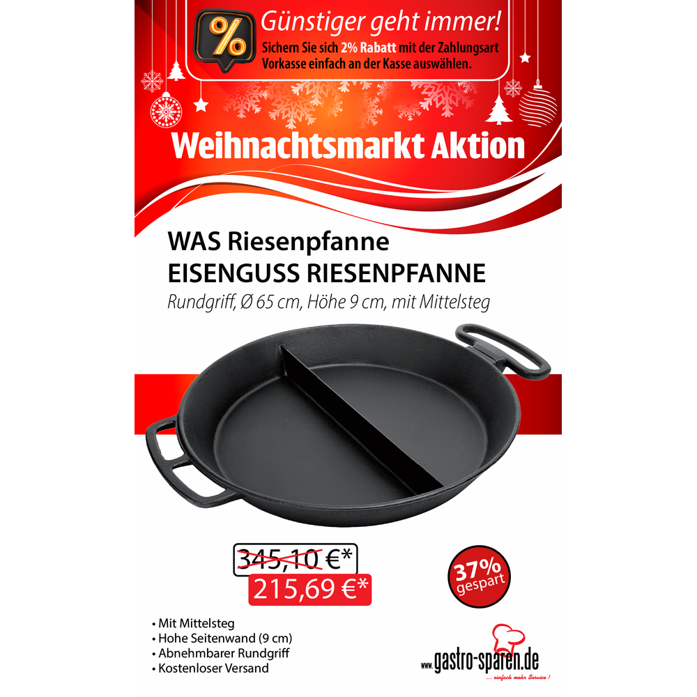 WAS Riesenpfanne Eisenguss, Rundgriff, Ø 65 cm, Höhe 9 cm, mit Mittelsteg
