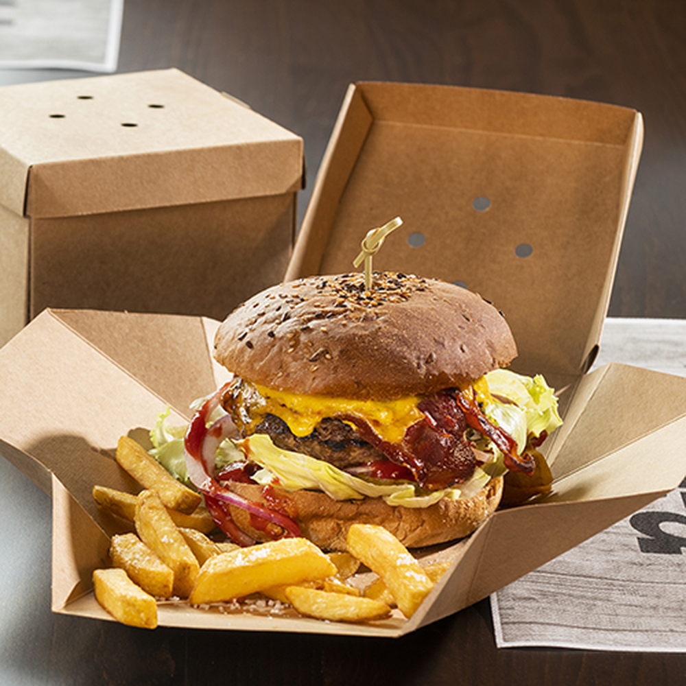 Papstar Burgerboxen, Pappe "pure" 10 cm x 13 cm x 13 cm braun faltbar, klein