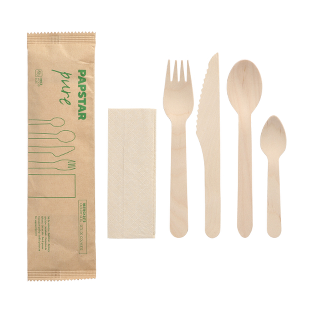 PAPSTAR Bestecksets Holz pure : Messer, Gabel, Löffel, Kaffeelöffel, Servie