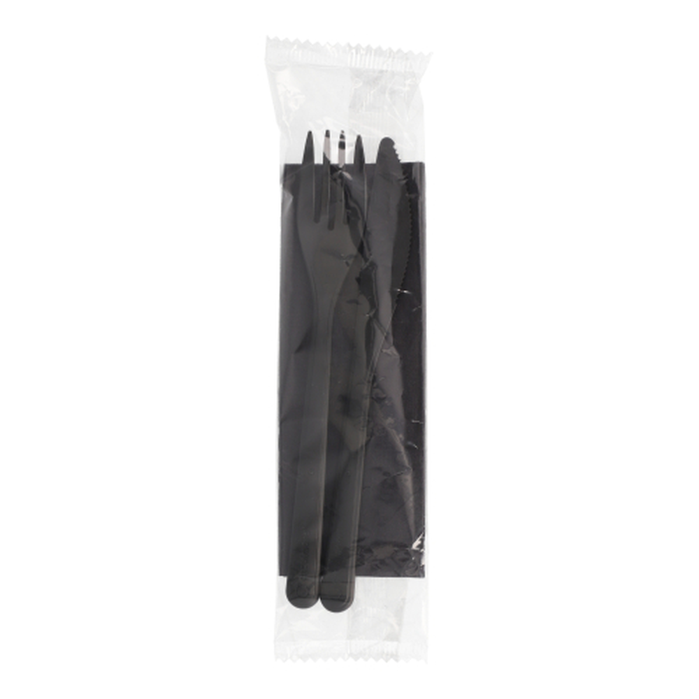 PAPSTAR Mehrweg-Bestecksets PP-MF 22 cm schwarz : Messer, Gabel, Serviette in