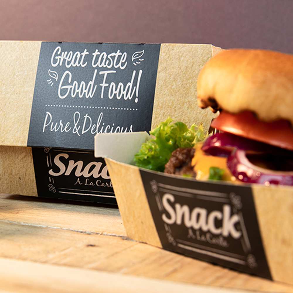 Papstar Burgerboxen, Pappe "pure" 8,5 cm x 15,5 cm x 15,5 cm "Good Food" XXL