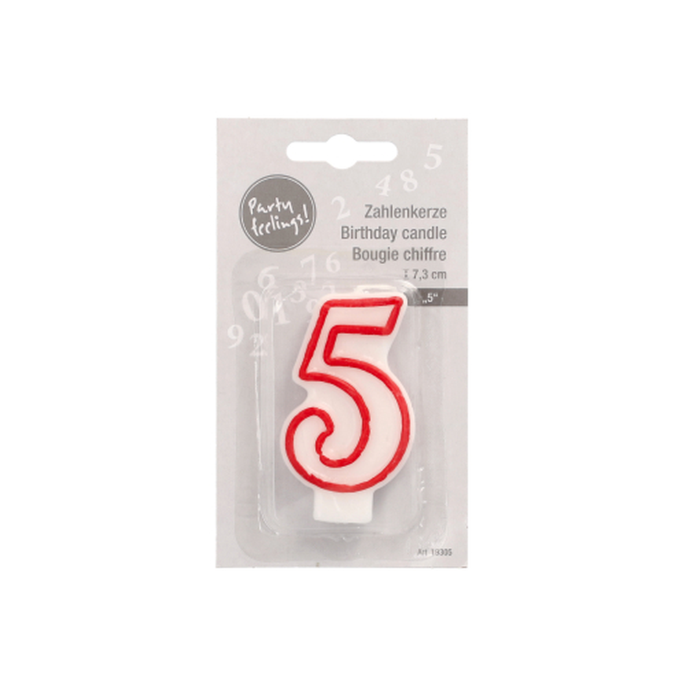 Papstar Zahlenkerze 7,3 cm weiss "5" mit rotem Rand