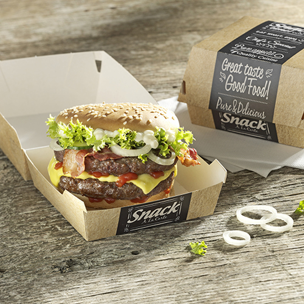 Papstar Burgerboxen, Pappe "pure" 7,8 cm x 11,5 cm x 11 cm "Good Food" groß