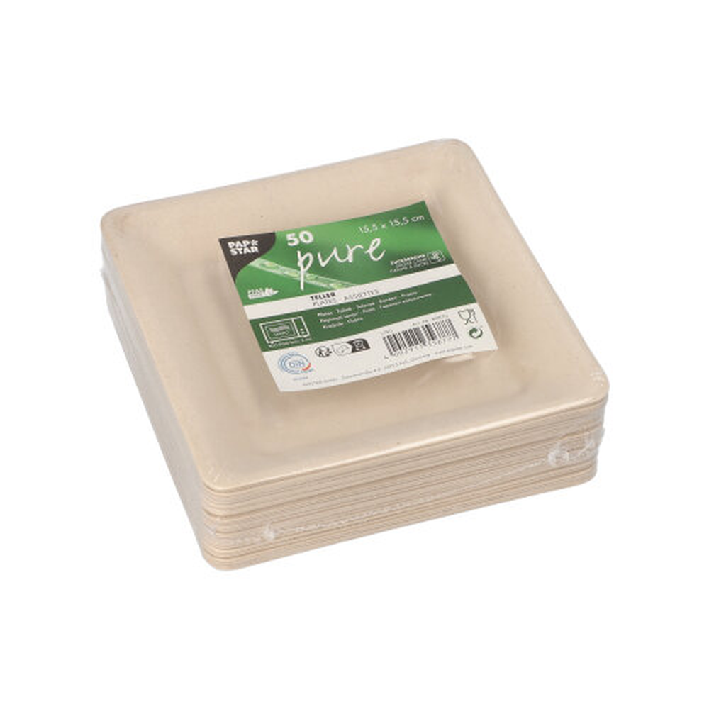 Papstar Teller, Zuckerrohr "pure" eckig 15,5 cm x 15,5 cm natur