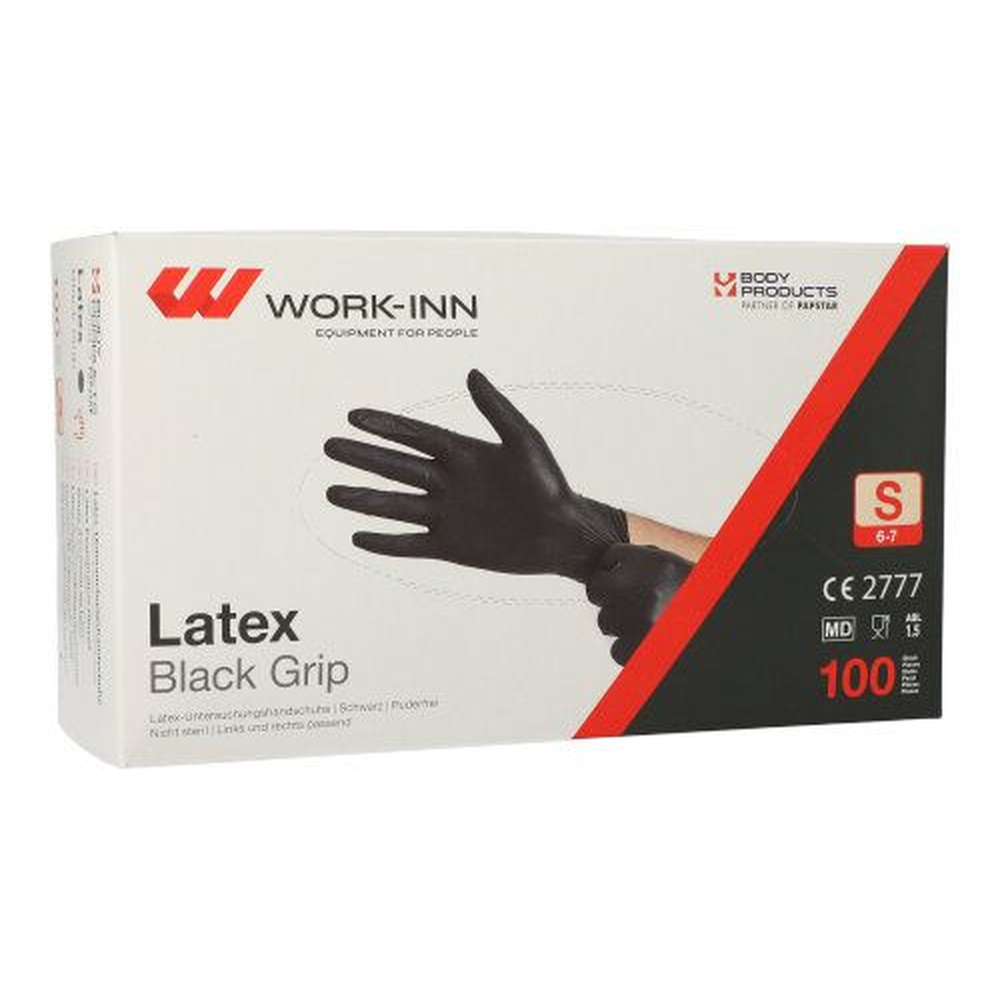 Papstar "WORK-INN/PS" Handschuhe, Latex puderfrei "Black Grip" schwarz Größe: S