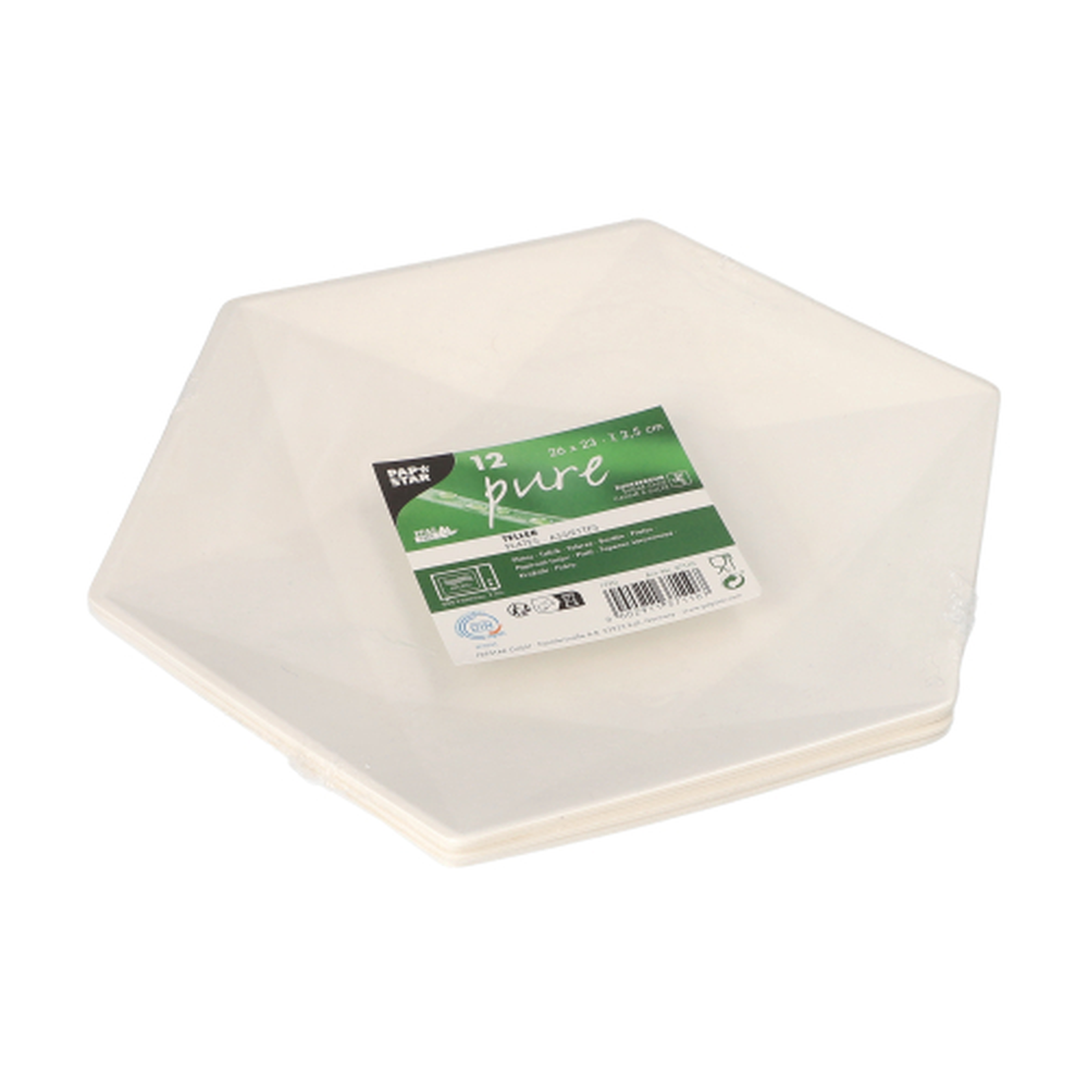 Papstar Teller Zuckerrohr "pure" 6-eckig 2,5 cm x 26 cm x 23 cm weiss "Diamond"