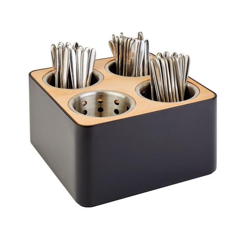 APS Besteckbehälter 27 x 27 cm, H: 15 cm , SAN, schwarz, Holz 27 x 27 cm, H: 15 