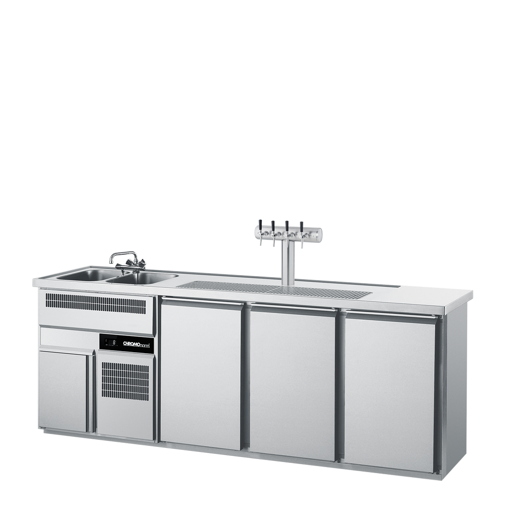 Chromonorm Getränketheke GN 1/1, 2 Becken links, 3 Türen - 2500x700x980 mm