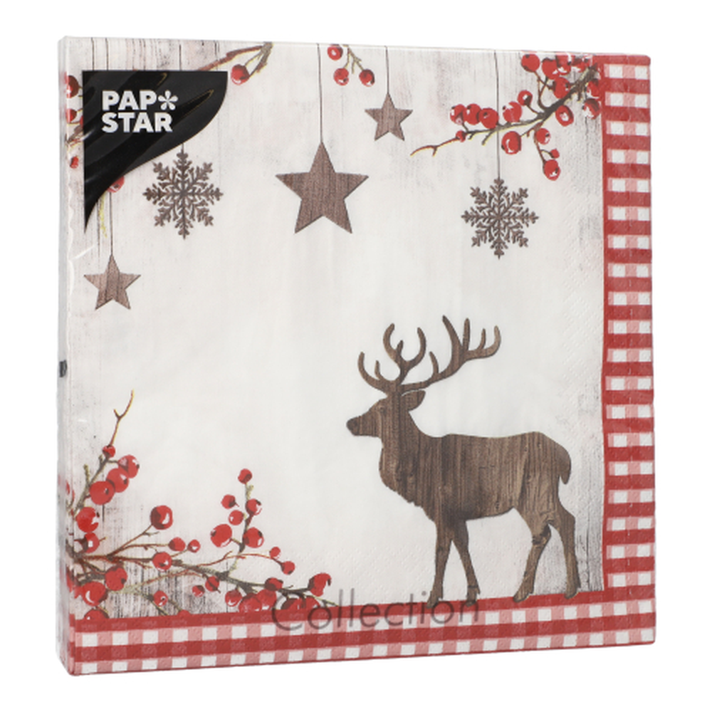 Papstar Servietten, 3-lagig 1/4-Falz 40 cm x 40 cm "X-Mas Deer"