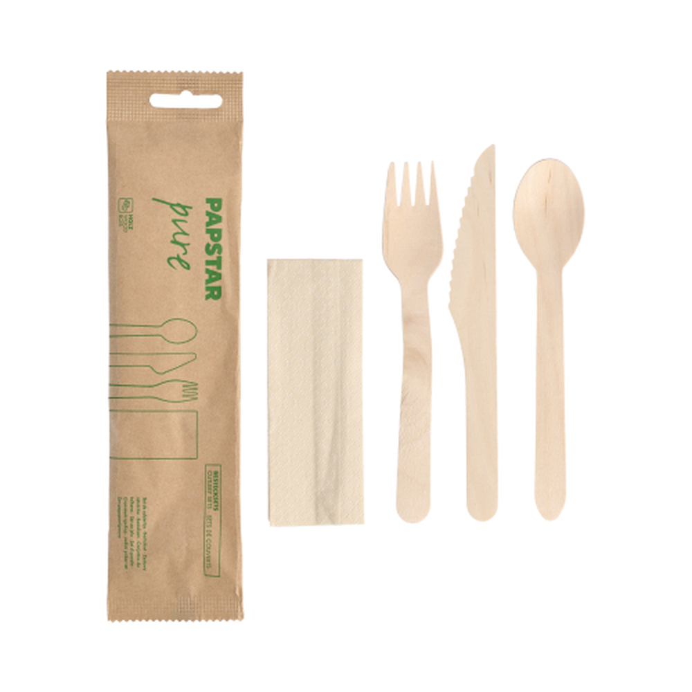 PAPSTAR Holz pure : Messer, Gabel, Löffel, Serviette in Papierbeut