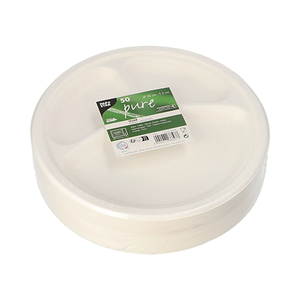 Papstar Teller, Zuckerrohr "pure" 3-geteilt Ø 26 cm · 2 cm weiss