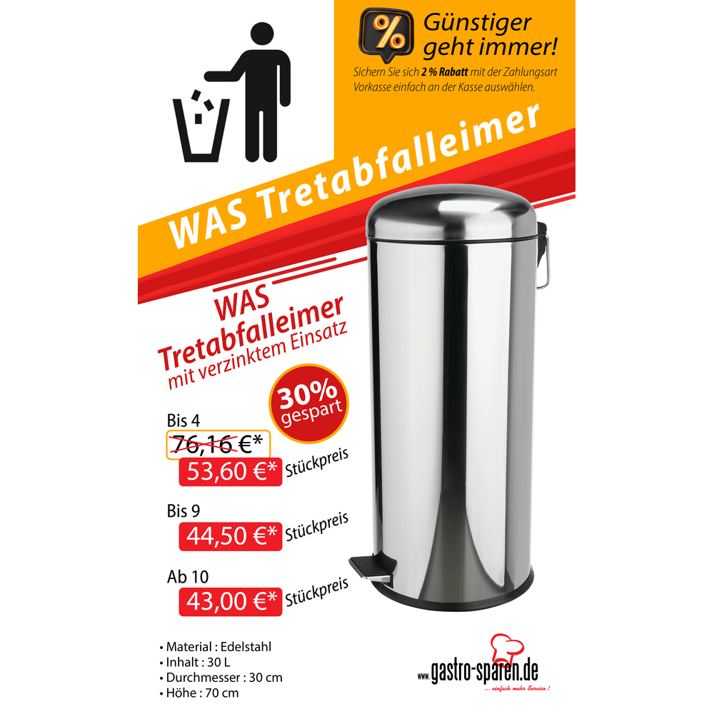 WAS Tretabfalleimer mit verzinktem Einsatz, 30 ltr., Ø 30 cm, Edelstahl