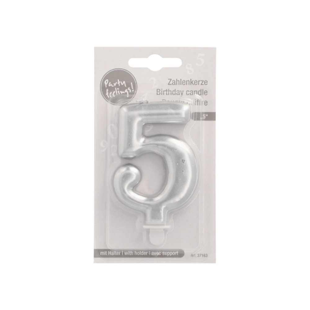 Papstar Zahlenkerze mit Halter 7 cm silber "5"
