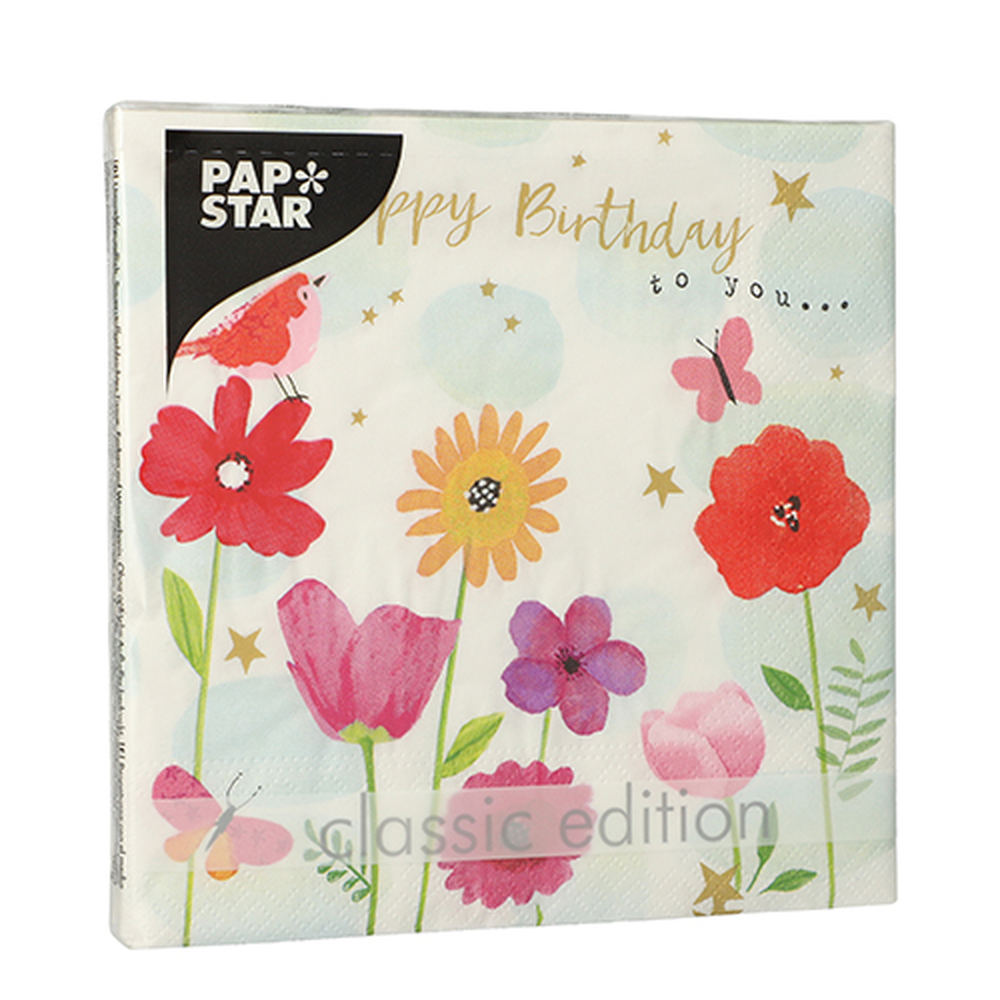 Papstar Servietten, 3-lagig 1/4-Falz 33 cm x 33 cm "Birthday Flowers"