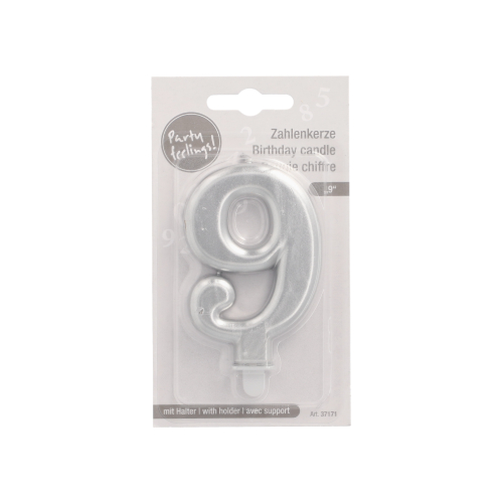 Papstar Zahlenkerze mit Halter 7 cm silber "9"