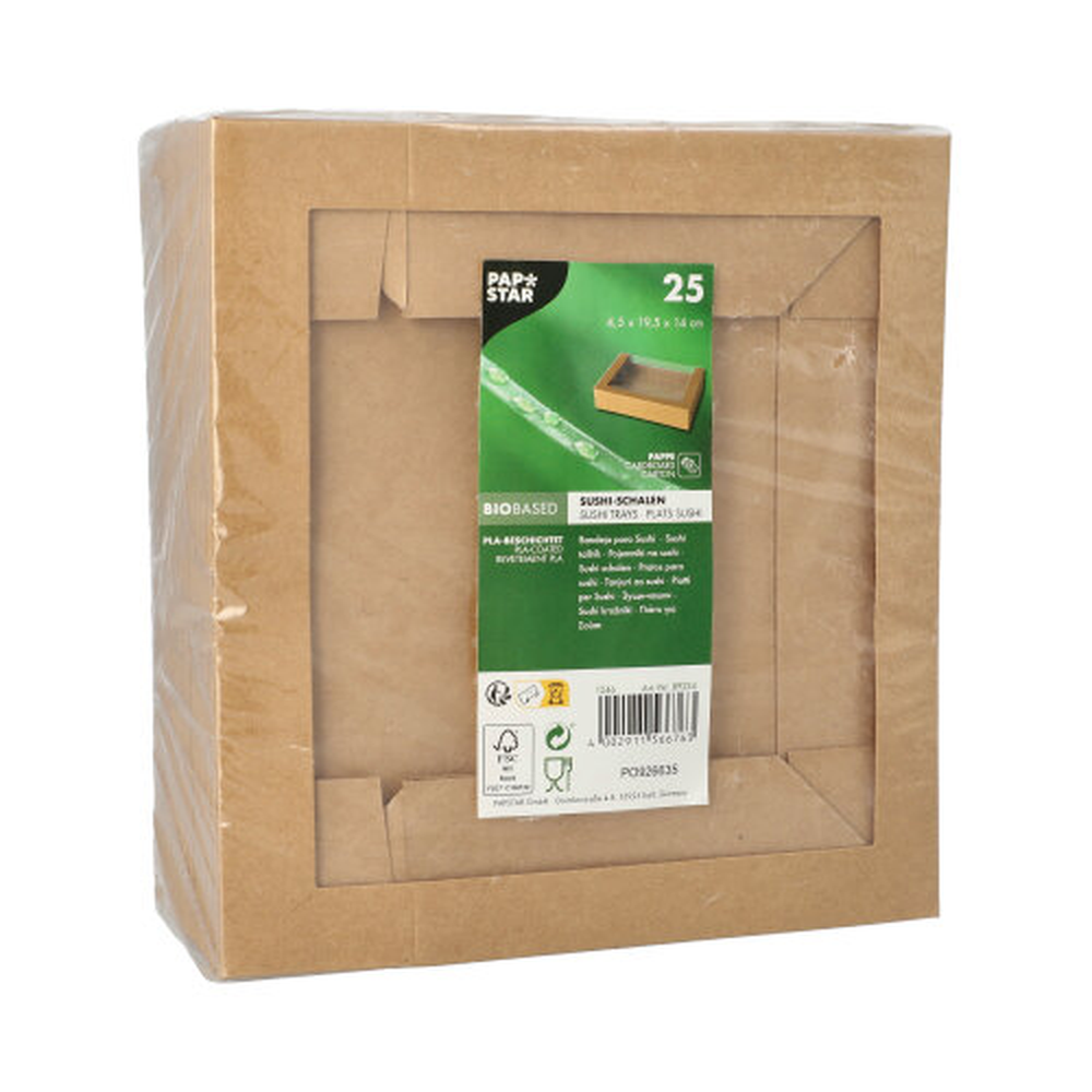 Papstar Sushi-Schalen, Pappe eckig 4,5 cm x 19,5 cm x 14 cm braun