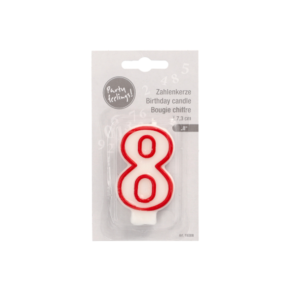 Papstar Zahlenkerze 7,3 cm weiss "8" mit rotem Rand