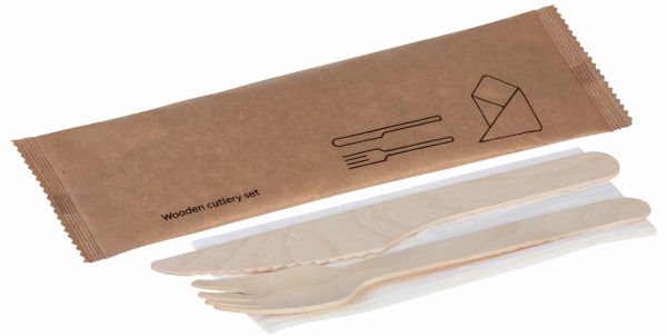 Pacovis Besteckset Holz, 3-tlg., Gabel, Messer, Serviette