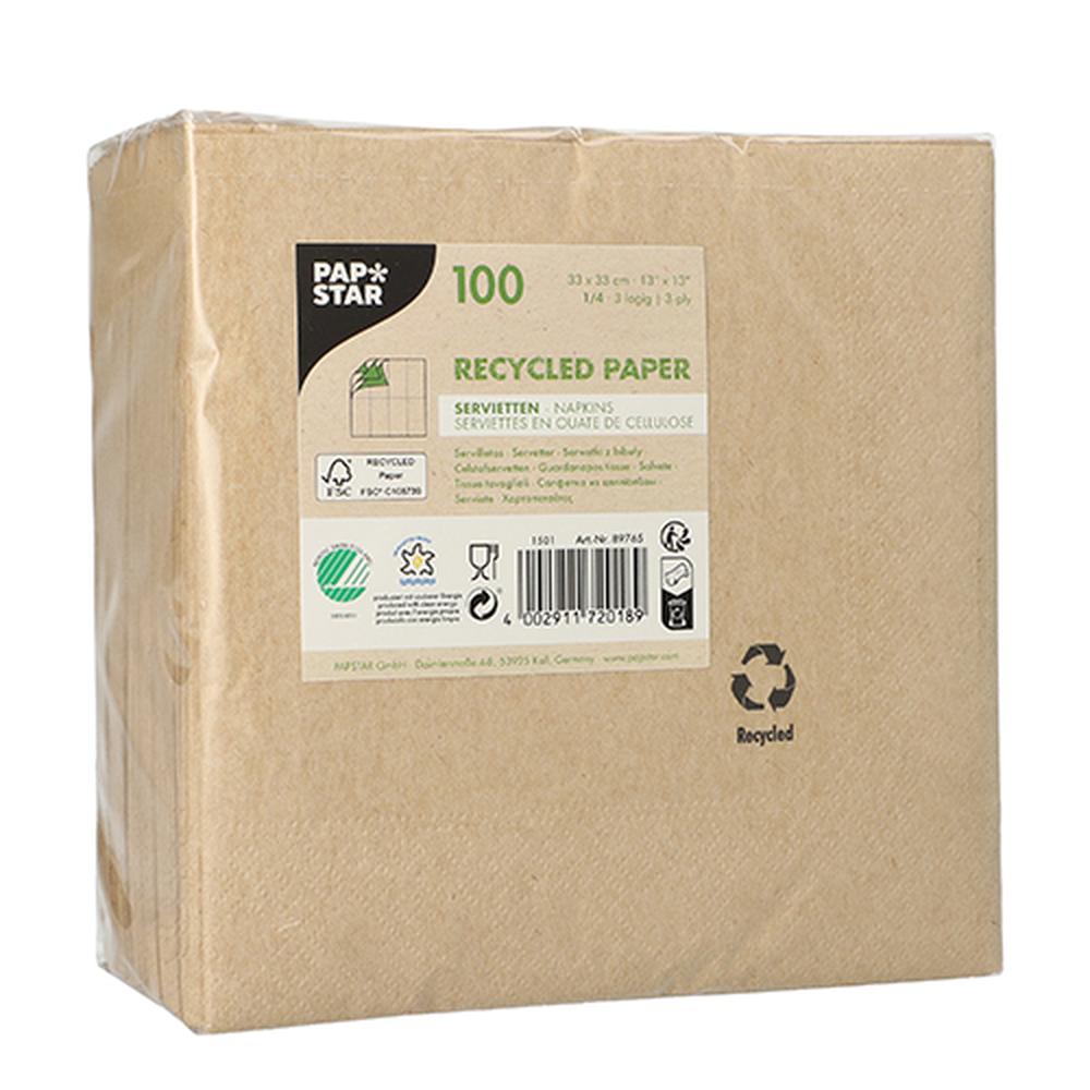 Papstar Servietten, 3-lagig 1/4-Falz 33 cm x 33 cm natur aus recyceltem Papier