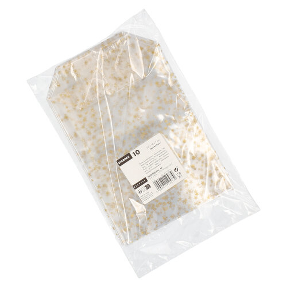 Papstar Bodenbeutel, PP 27 cm x 18 cm x 7 cm transparent "Sterne, gold"