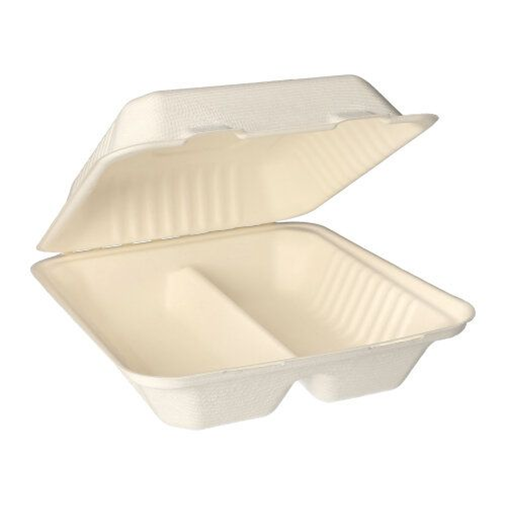 Papstar Menüboxen, Zuckerrohr "pure" 2-geteilt 7,7 cm x 20 cm x 22 cm weiss