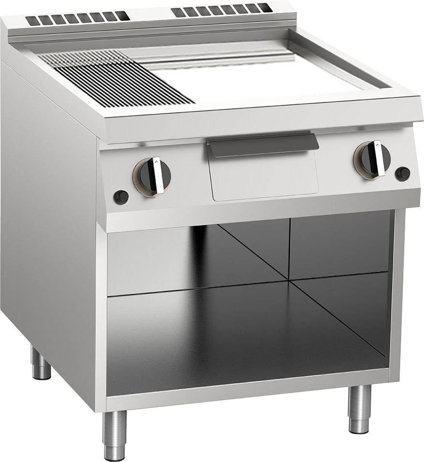 KBS Gas-Grillplatte 2/3 glatt + 1/3 gerillt verchromt 14kW 2 Heizz. offener Unte