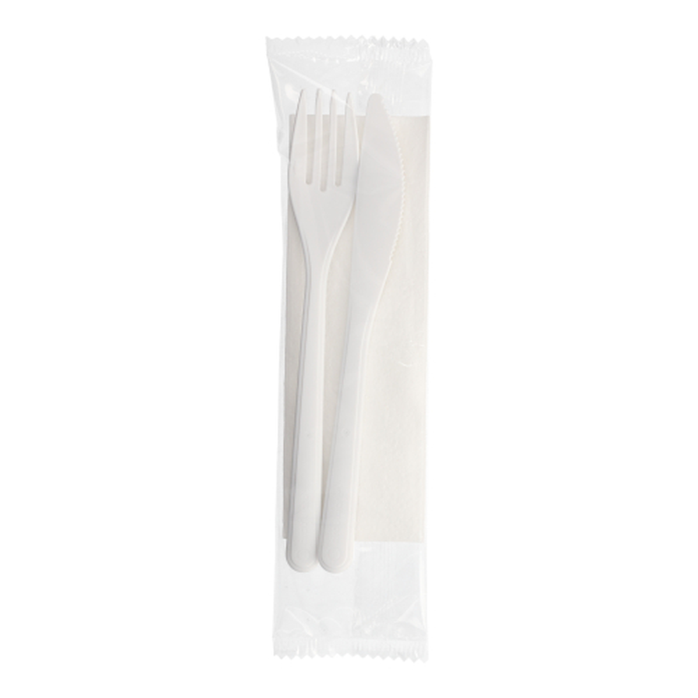 PAPSTAR Mehrweg-Bestecksets PP-MF 22 cm weiss : Messer, Gabel, Serviette in F
