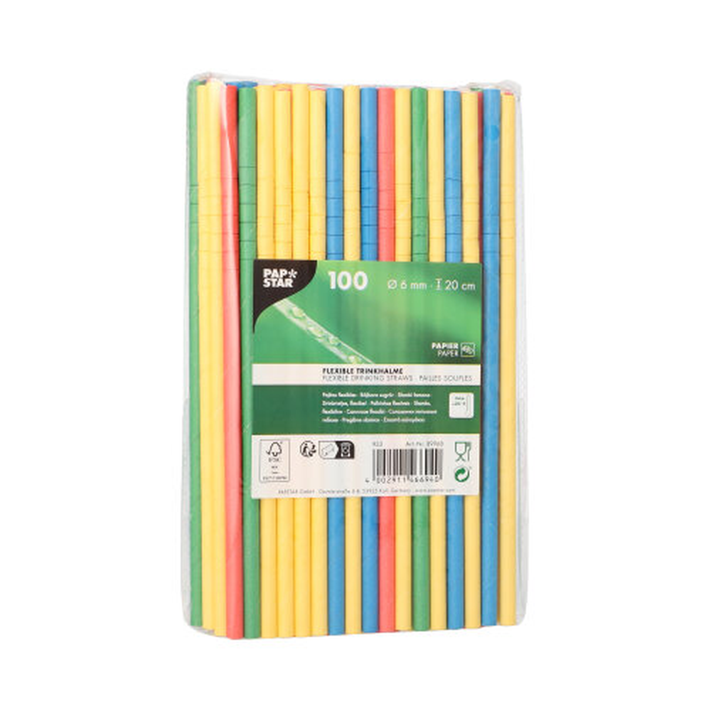 Papstar Trinkhalme Papier Ø 6 mm · 20 cm farbig sortiert flexibel