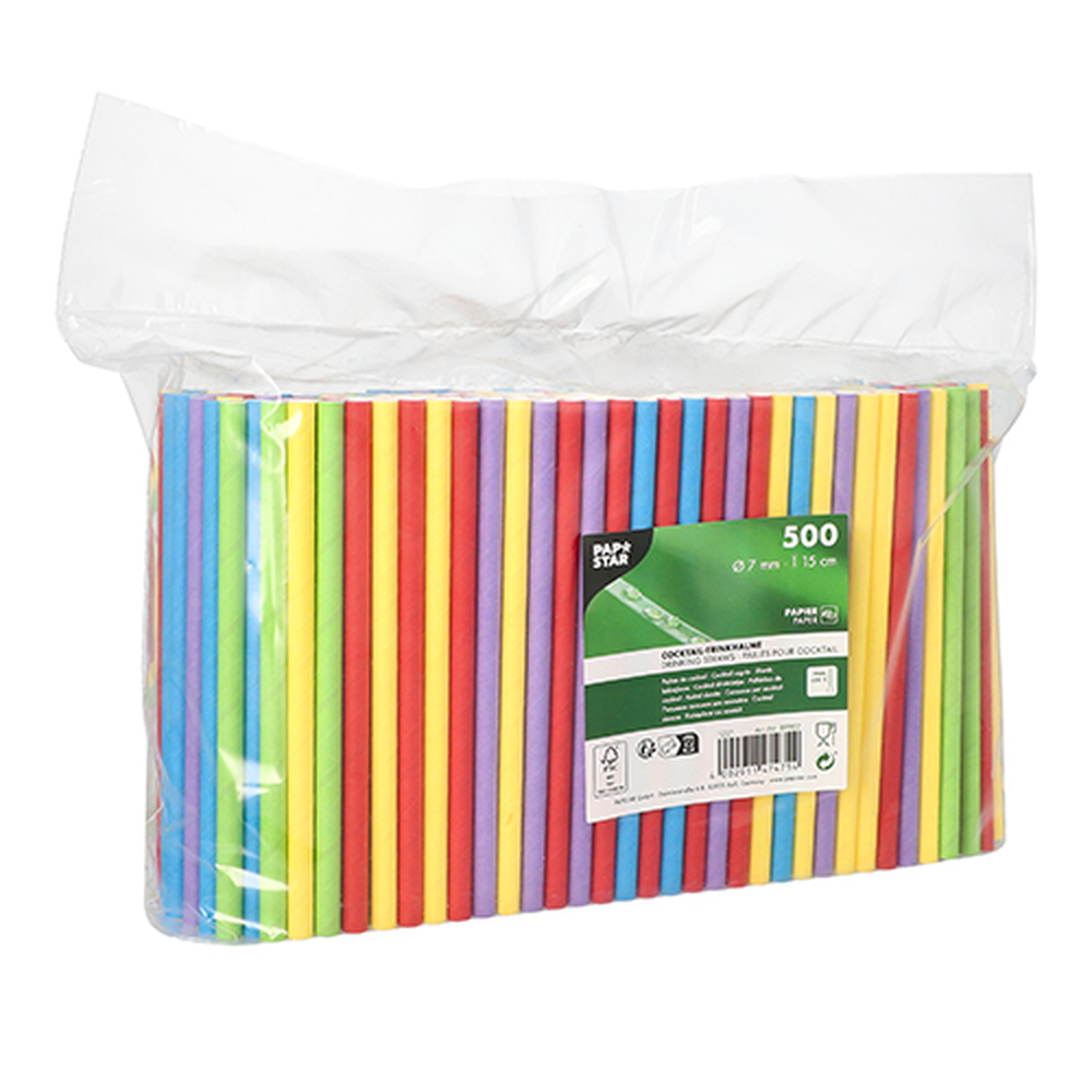 Papstar Cocktail Trinkhalme, Papier Ø 7 mm · 15 cm farbig sortiert