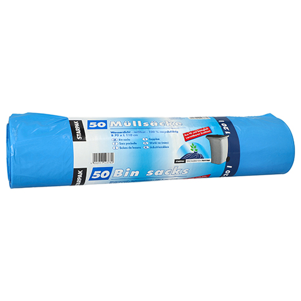 PAPSTAR Müllsäcke, HDPE 120 l 110 cm x 70 cm blau mit biologisch verrottbaren