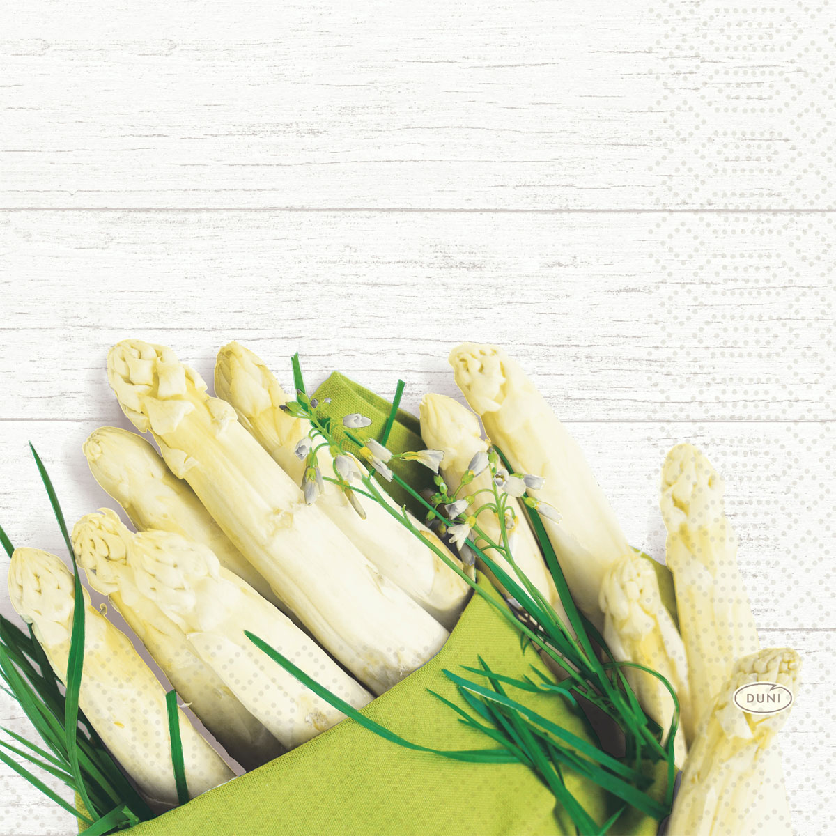 Duni Motiv-Zelltuchservietten 33 X 33 cm, 3-lagig, 1/4-Falz White Asparagus