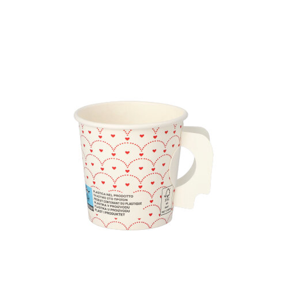 Papstar Trinkbecher mit Henkel, Pappe 0,1 l Ø 6,3 cm · 6,2 cm weiss "Hjärtan"