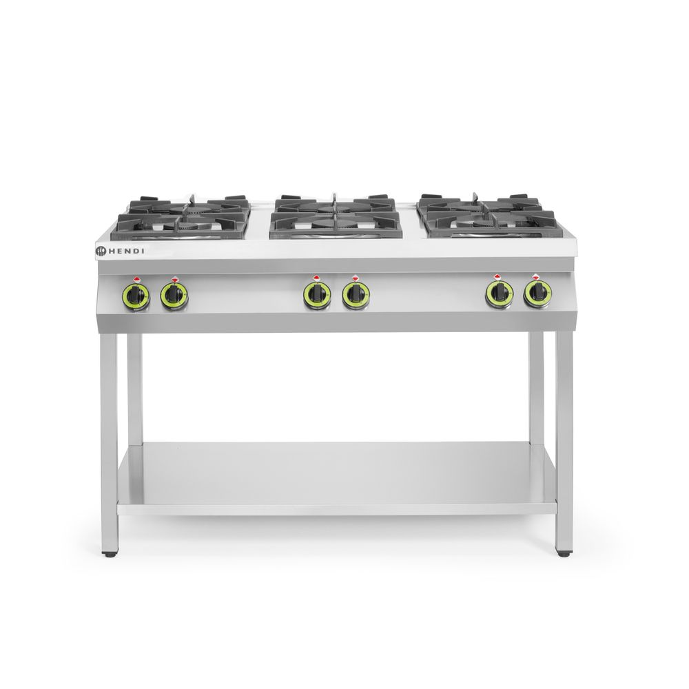 Gasanlage, 6 Brenner, Stahlkoche, Industrieller Herd, Gusseisen Grillroste