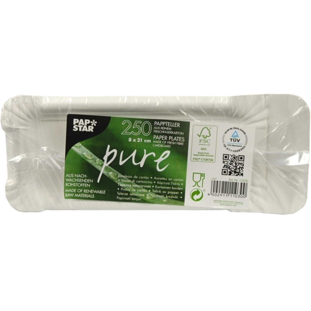 Papstar Teller, Pappe "pure" eckig 8 cm x 21 cm weiss mit Anfasser