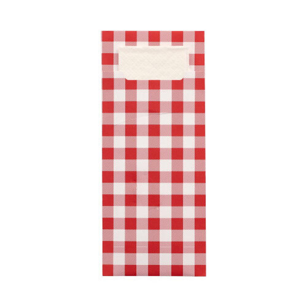 Papstar Bestecktaschen 20 cm x 8,5 cm rot "Vichy Karo" inkl. weißer Serviette