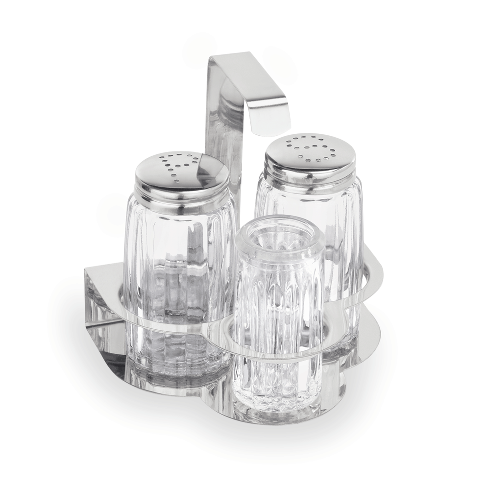 WAS Menage 3-teilig, Salz, Pfeffer & Zahnstocher, Höhe 10,5 cm, Edelstahl, Glas