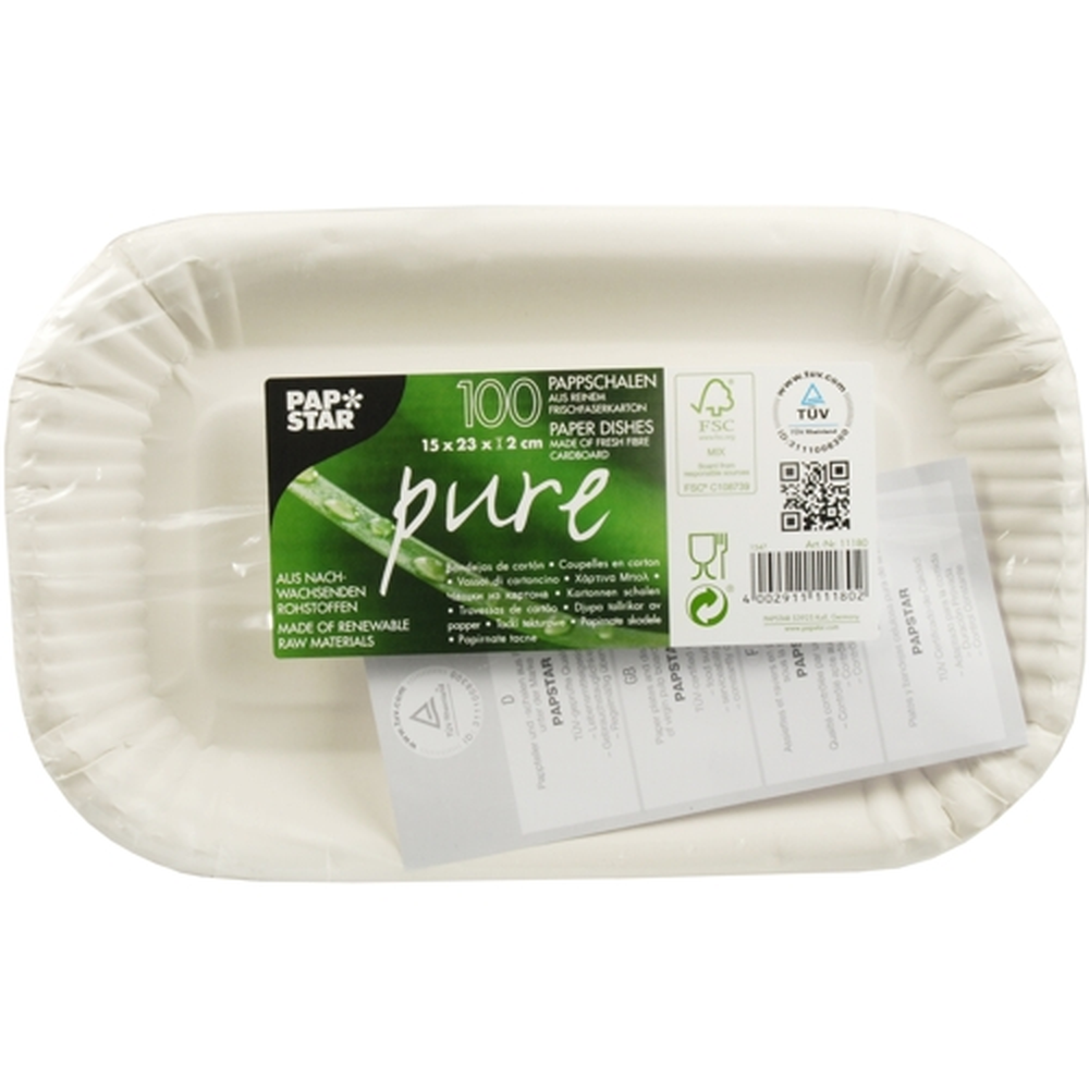 Papstar Schalen, Pappe "pure" eckig 15 cm x 23 cm x 2 cm weiss
