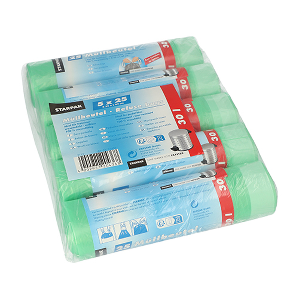 Papstar Müllbeutel mit Zugband, HDPE 30 l 62 cm x 55 cm grün