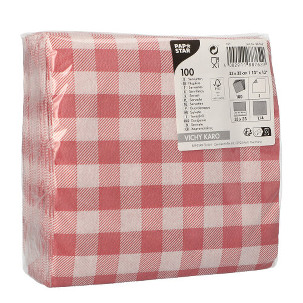 Papstar Servietten, 1-lagig 1/4-Falz 33 cm x 33 cm rot/weiss "Vichy Karo"