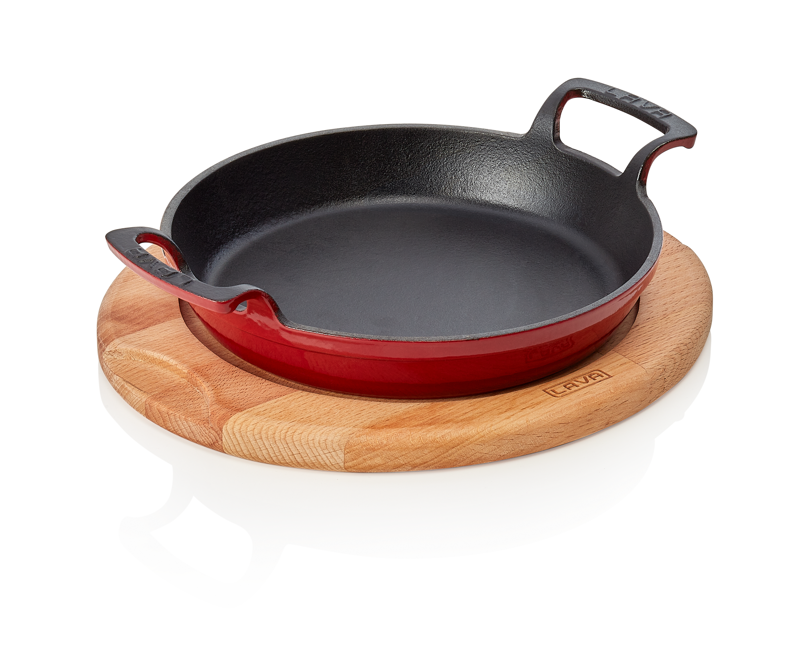 WAS Brat-/Servierpfanne Ø oben 20 cm Höhe 3,5 cm rot Holz/Gusseisen