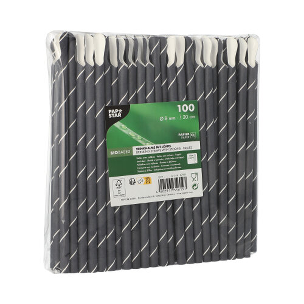 Papstar Trinkhalme mit Löffel, Papier Ø 8 mm · 20 cm schwarz/weiss "Stripes"