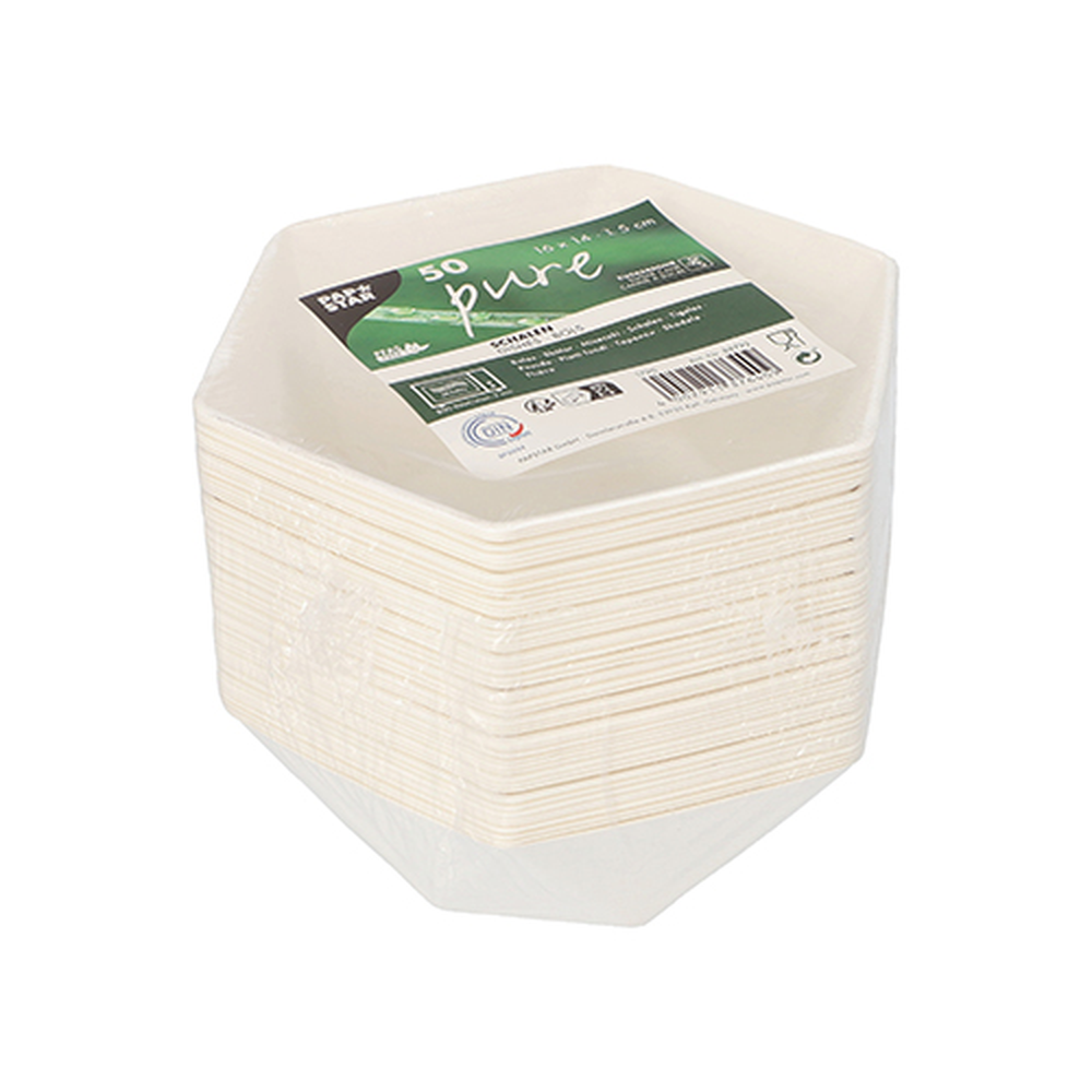 PAPSTAR Schalen Zuckerrohr pure 6-eckig 400 ml 5 cm x 16 cm x 14 cm weiss 