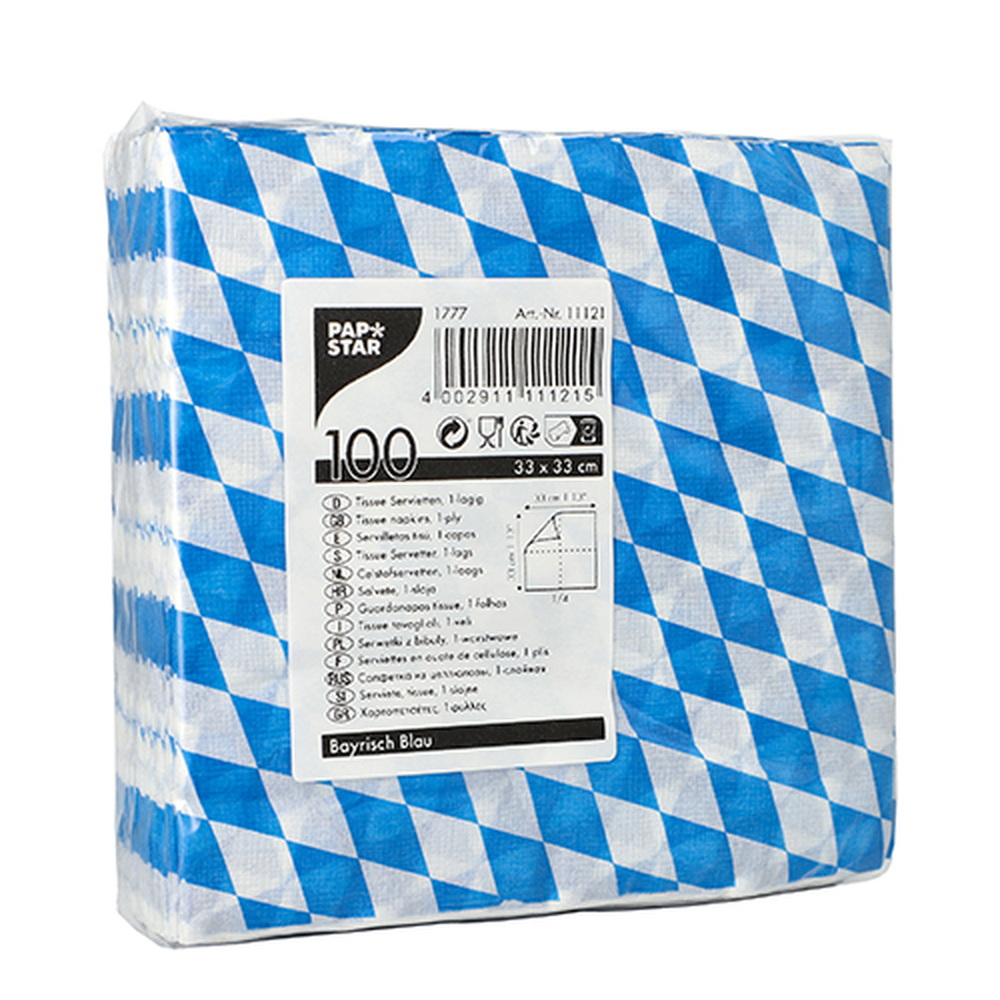 Papstar Servietten, 1-lagig 1/4-Falz 33 cm x 33 cm "Bayrisch Blau"