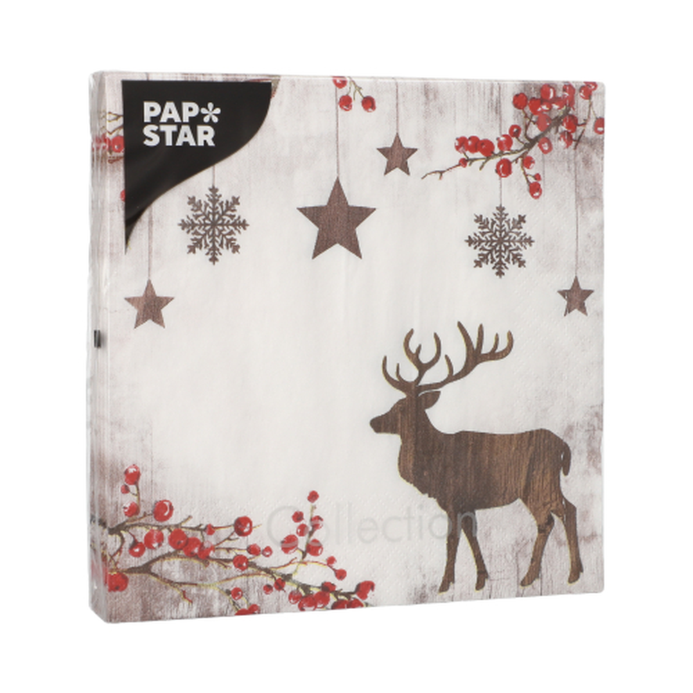 Papstar Servietten, 3-lagig 1/4-Falz 33 cm x 33 cm "X-Mas Deer"