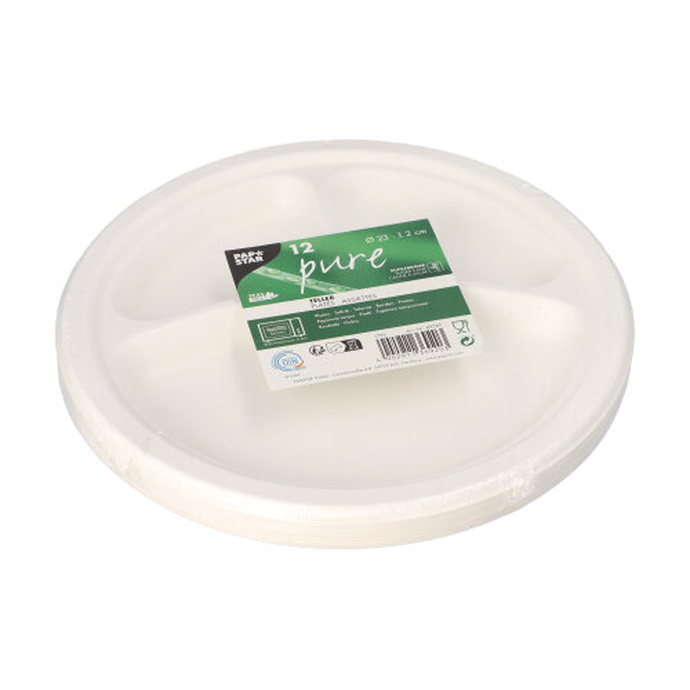 Papstar Teller, Zuckerrohr "pure" 3-geteilt Ø 23 cm · 2 cm weiss