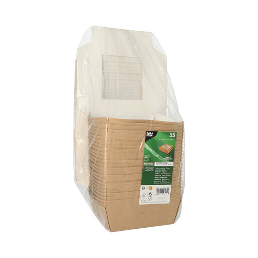 PAPSTAR Feinkostboxen, Pappe mit Sichtfenster aus PLA eckig 750 ml 14 cm x 14