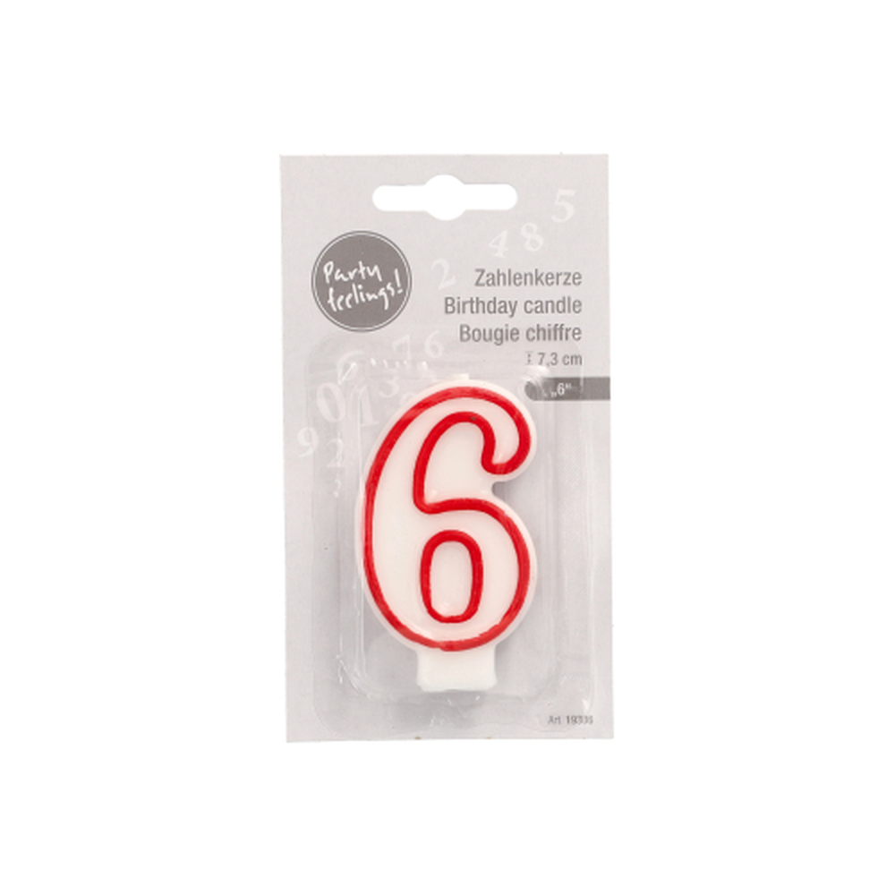 Papstar Zahlenkerze 7,3 cm weiss "6" mit rotem Rand