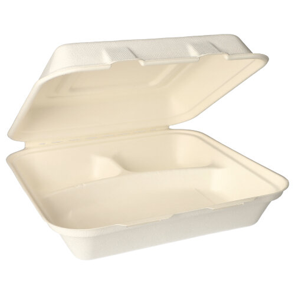Papstar Menüboxen, Zuckerrohr "pure" 3-geteilt 8 cm x 24 cm x 24 cm