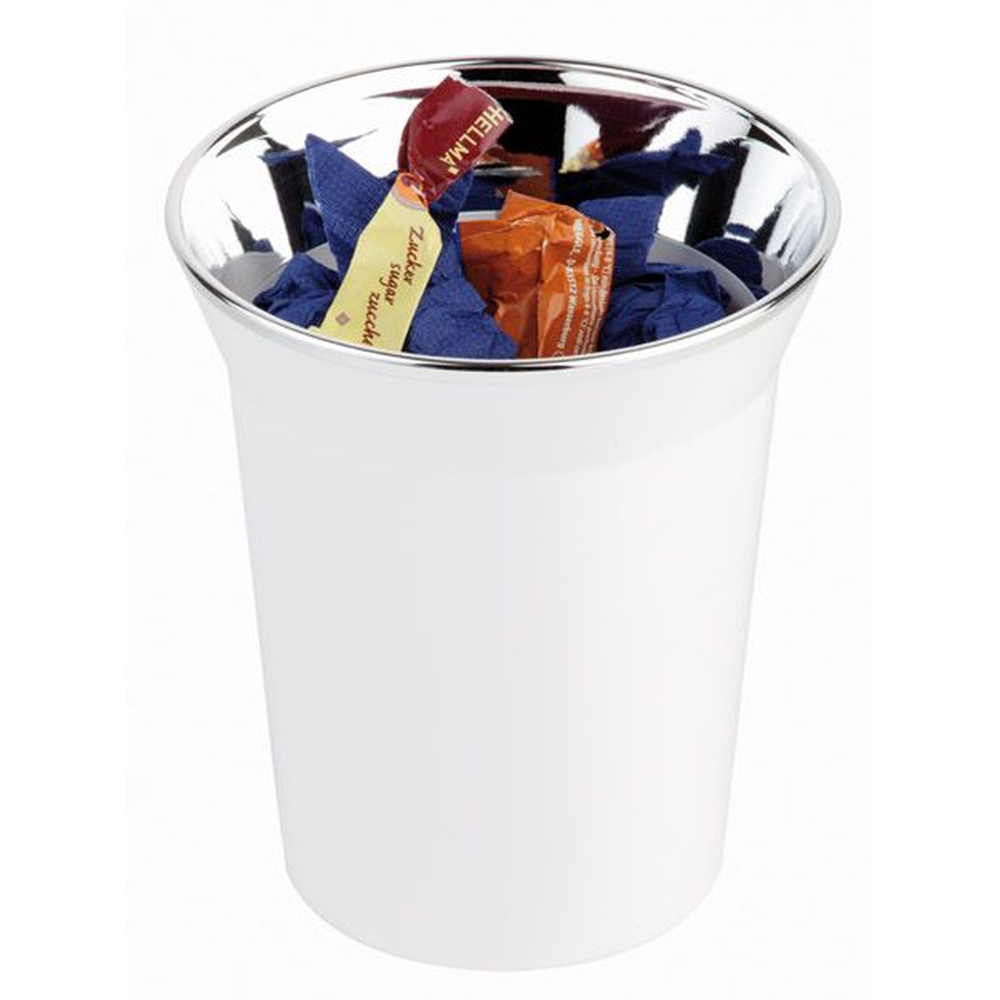 APS Tischreste- / Besteckbehälter Ø 13 cm, H: 15 cm, weiß mit verchromten Rand